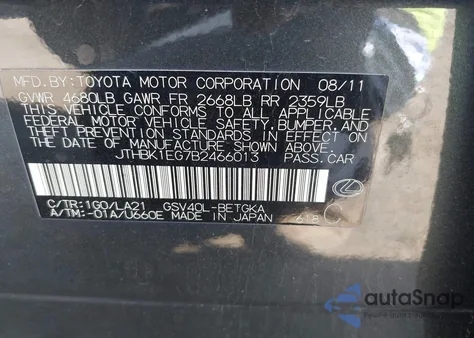 2011 Lexus Es 350 from USA, damaged, VIN JTHBK1EG7B2466013
